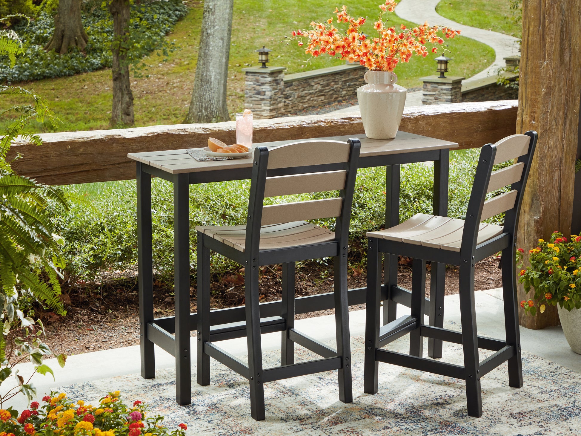 Pines Furniture Outlet - Ashley Furniture - Shoreline Beach Outdoor - Counter Table Set (3/CN) / Black/Beige - PCP221-113