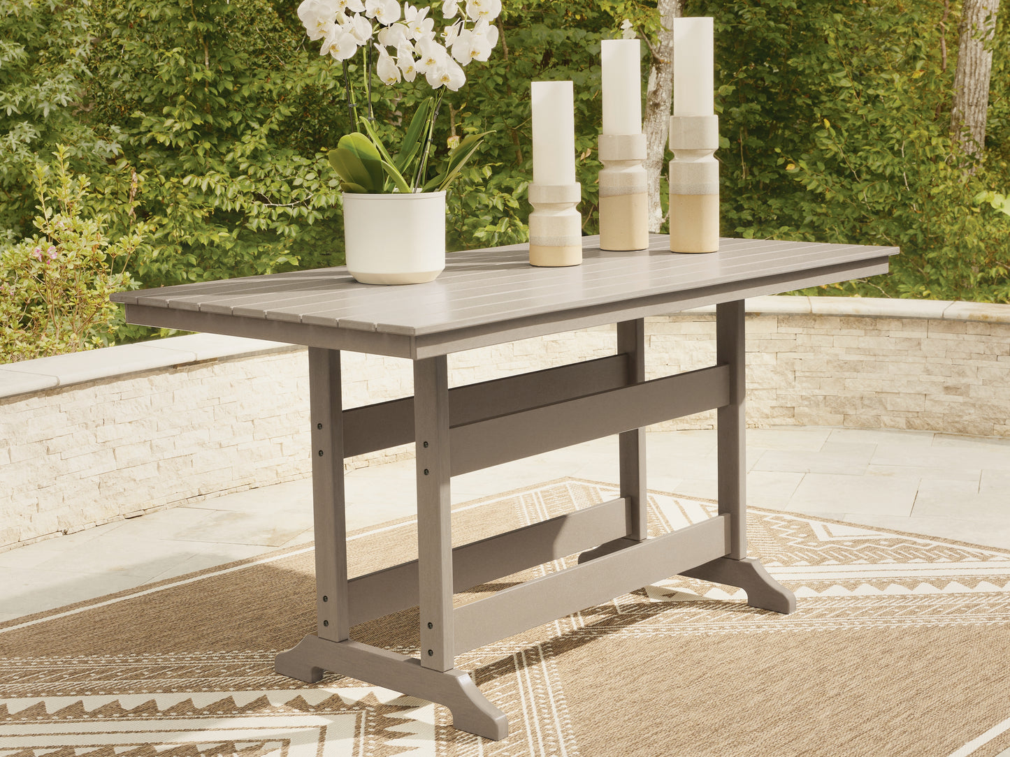 Pines Furniture Outlet - Ashley Furniture - Seacliff Beach Outdoor - RECT COUNTER TABLE W/UMB OPT / Medium Brown - PCP228-642