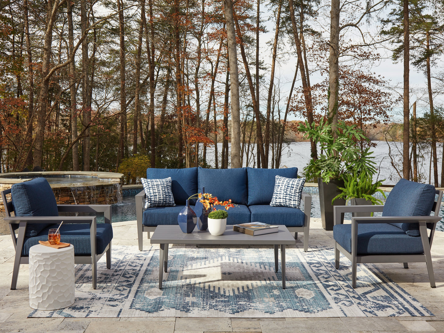Pines Furniture Outlet - Ashley Furniture - Gali Outdoor - Sofa/Chairs/Table Set (4/CN) / Gray/Blue - P275-081