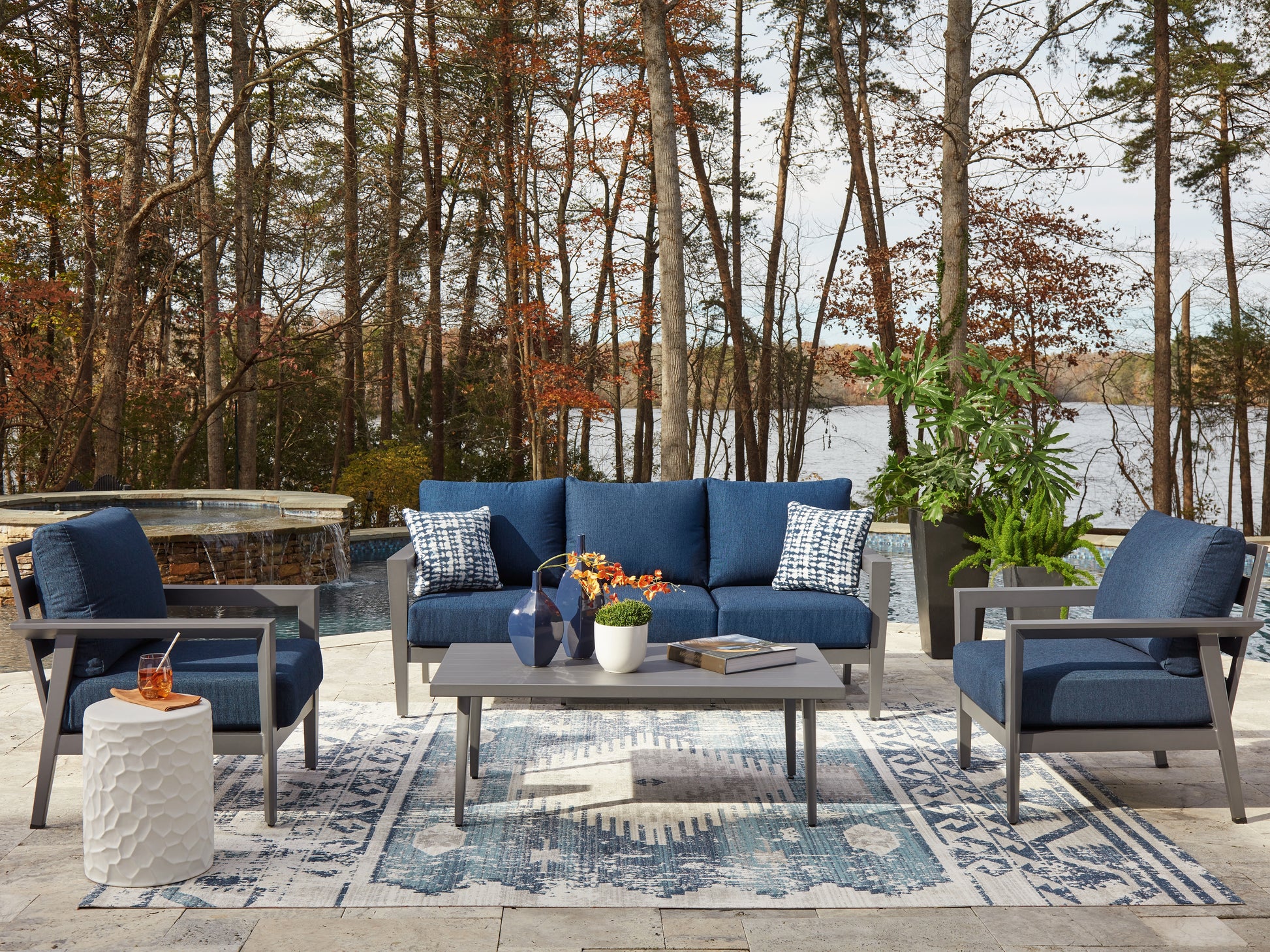 Pines Furniture Outlet - Ashley Furniture - Gali Outdoor - Sofa/Chairs/Table Set (4/CN) / Gray/Blue - P275-081