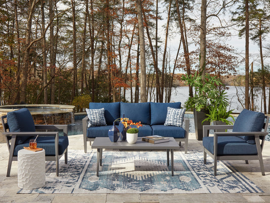 Pines Furniture Outlet - Ashley Furniture - Gali Outdoor - Sofa/Chairs/Table Set (4/CN) / Gray/Blue - P275-081