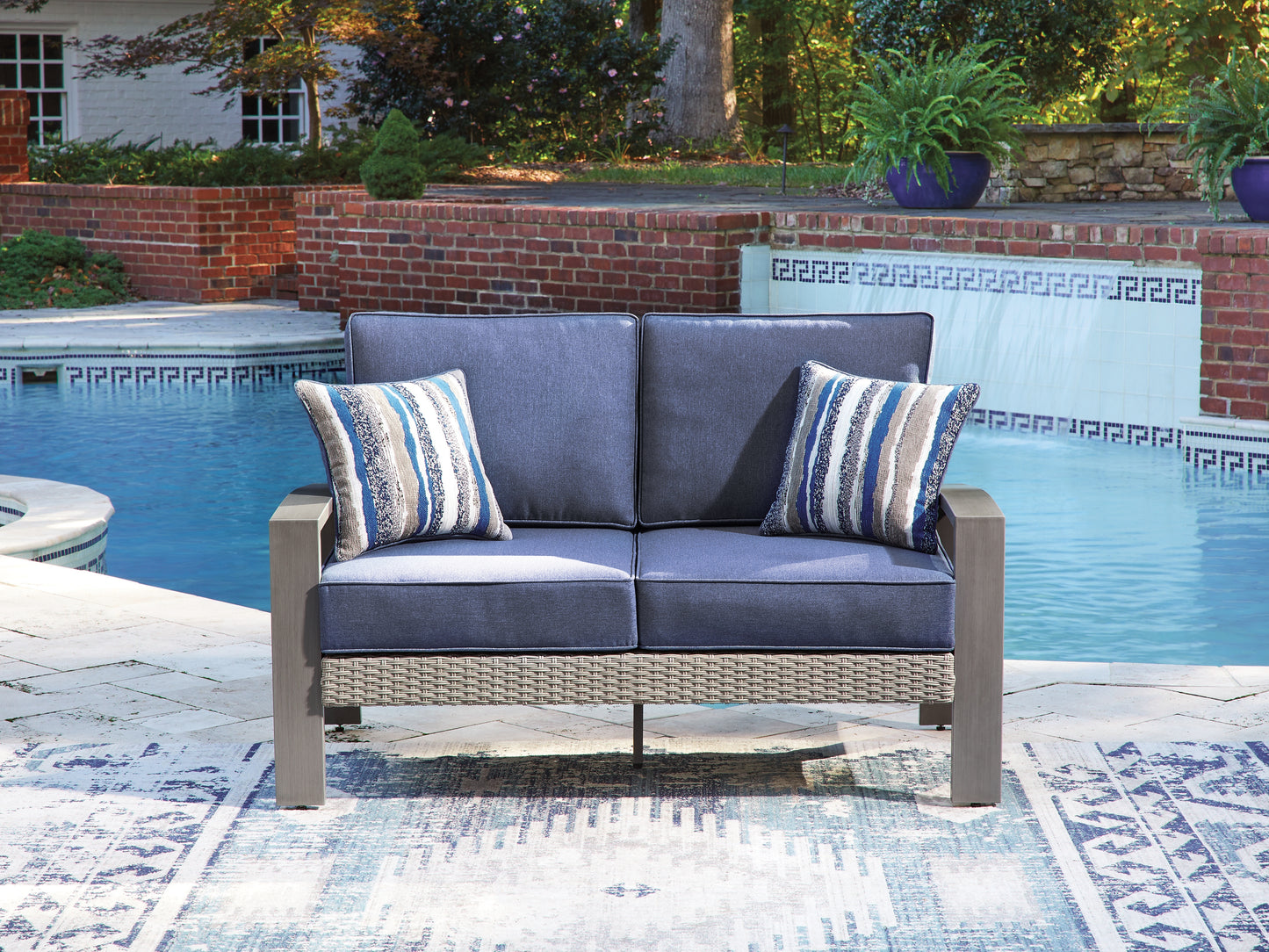 Pines Furniture Outlet - Ashley Furniture - Half Moon Beach Outdoor - Loveseat w/Cushion / Blue/Gray - PCP418-835