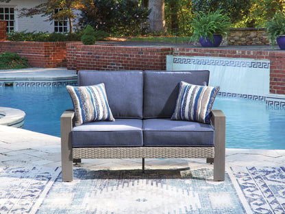 Pines Furniture Outlet - Ashley Furniture - Half Moon Beach Outdoor - Loveseat w/Cushion / Blue/Gray - PCP418-835