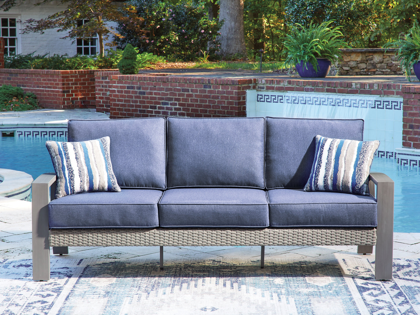 Pines Furniture Outlet - Ashley Furniture - Half Moon Beach Outdoor - Sofa with Cushion / Blue/Gray - PCP418-838