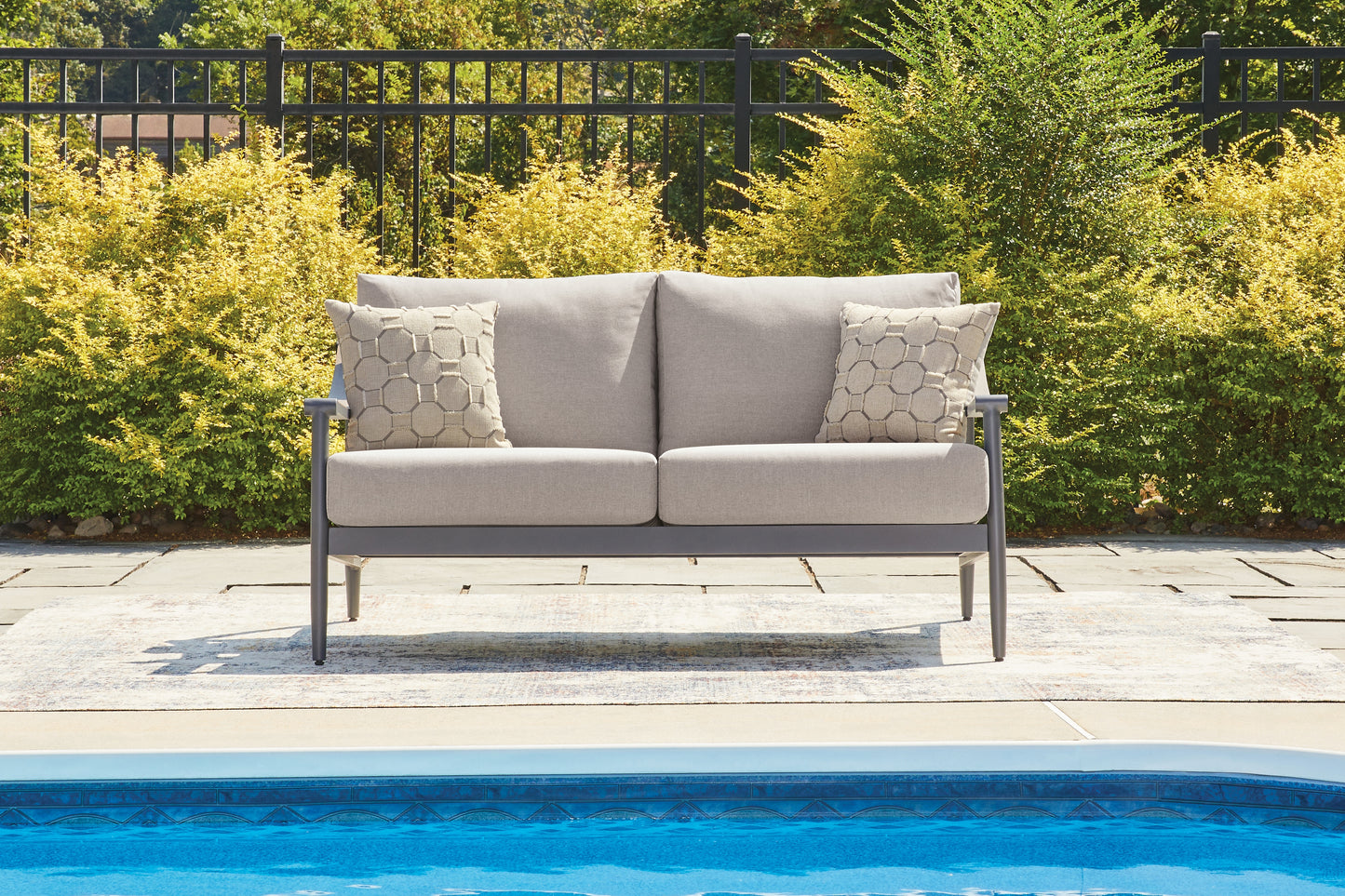 Pines Furniture Outlet - Ashley Furniture - Ocean Beach Outdoor - Loveseat w/Cushion / Gray - PCP510-835