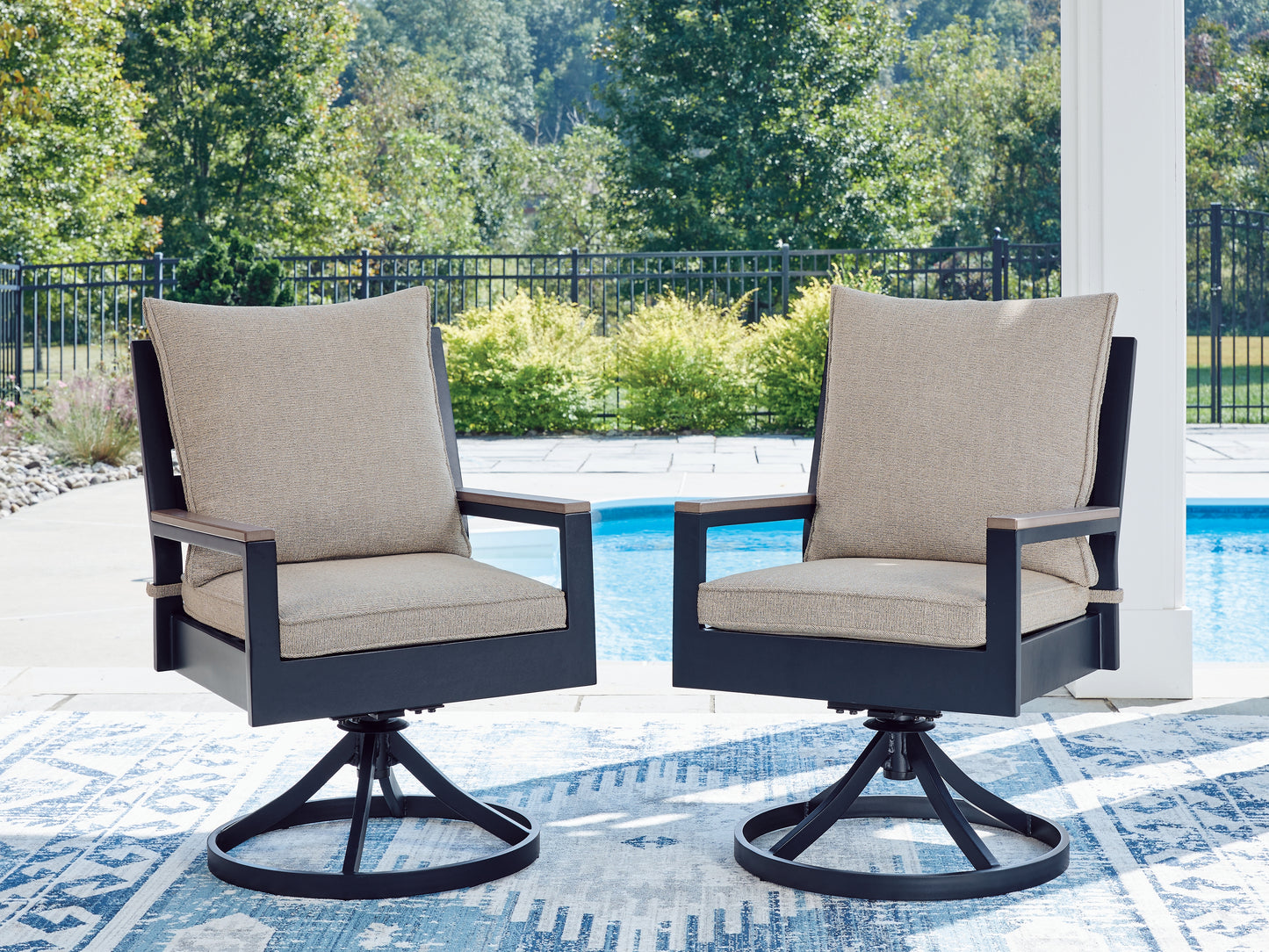 Pines Furniture Outlet - Ashley Furniture - East Beach Outdoor - Swivel Chair w/Cushion (Set of 2) / Navy Blue/Driftwood - PCP587-602A