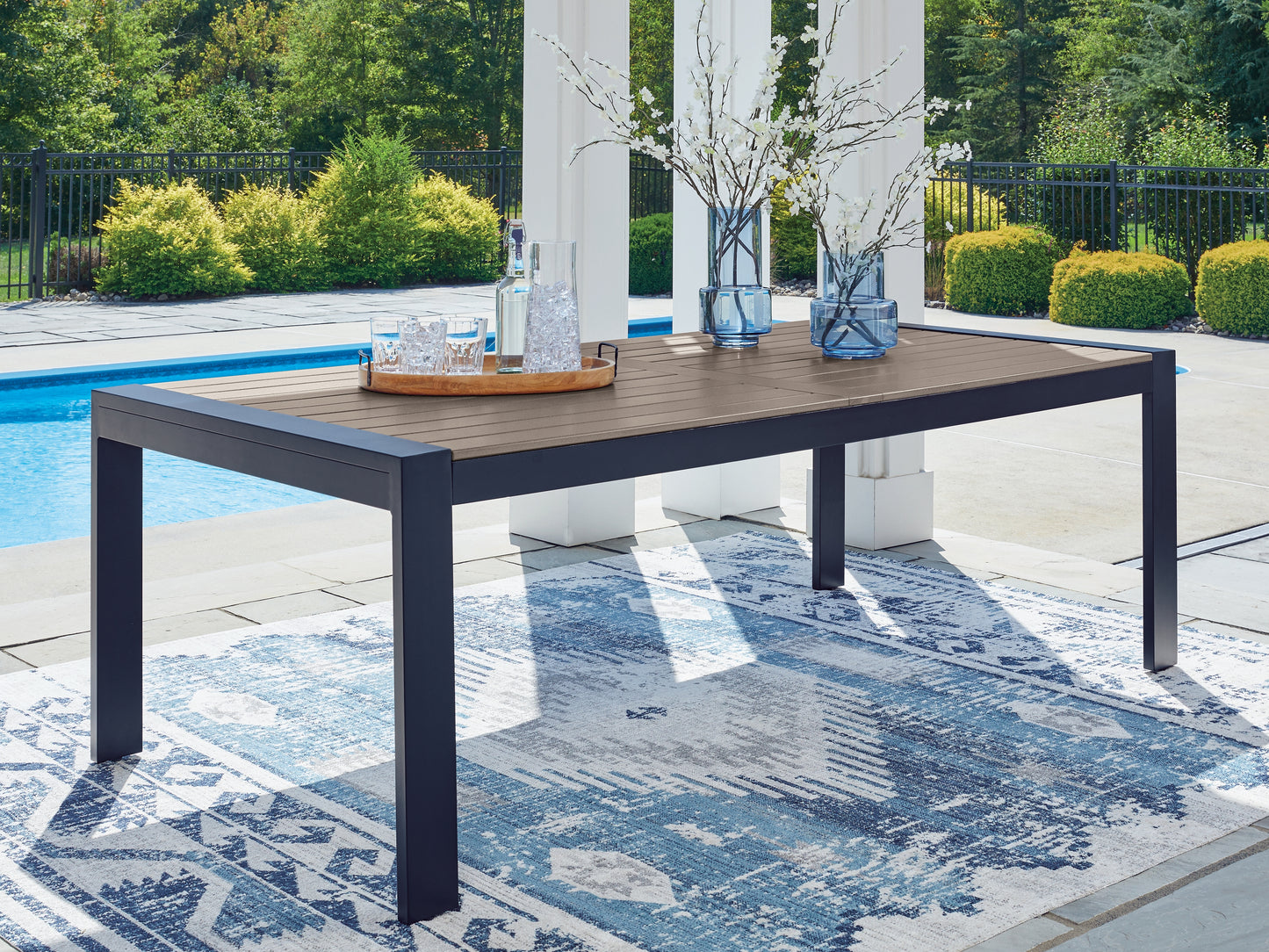 Pines Furniture Outlet - Ashley Furniture - East Beach Outdoor - RECT Dining Table w/UMB OPT / Navy Blue/Driftwood - PCP587-625
