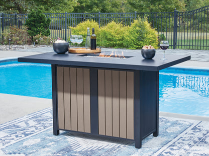 Pines Furniture Outlet - Ashley Furniture - East Beach Outdoor - RECT Bar Table w/Fire Pit / Navy Blue/Driftwood - PCP587-665