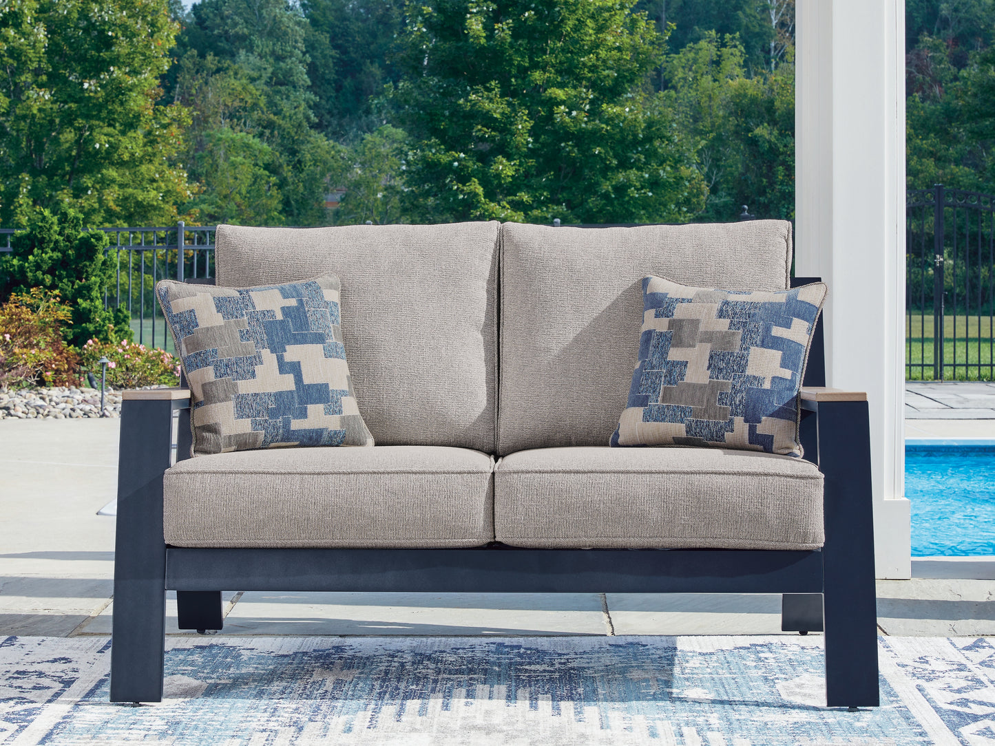Pines Furniture Outlet - Ashley Furniture - East Beach Outdoor - Loveseat w/Cushion / Navy Blue/Driftwood - PCP587-835