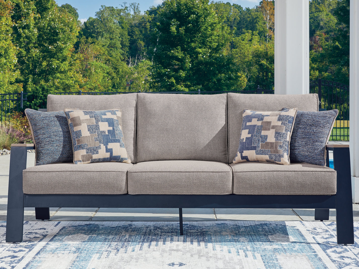 Pines Furniture Outlet - Ashley Furniture - East Beach Outdoor - Sofa with Cushion / Navy Blue/Driftwood - PCP587-838