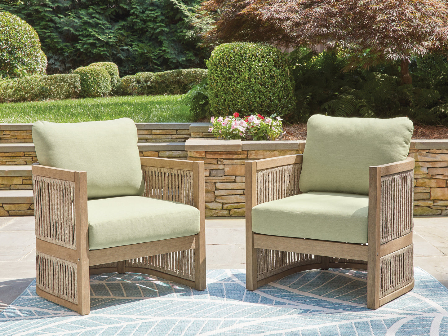 Pines Furniture Outlet - Ashley Furniture - Serena Shores Outdoor - Lounge Chair w/Cushion (Set of 2) / Beige/Green - PCP604-820