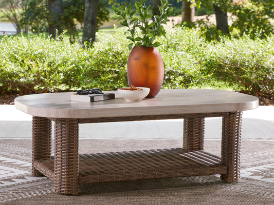 Pines Furniture Outlet - Ashley Furniture - Dolan Creek Outdoor - Rectangular Cocktail Table / Beige/Brown - PCP610-701