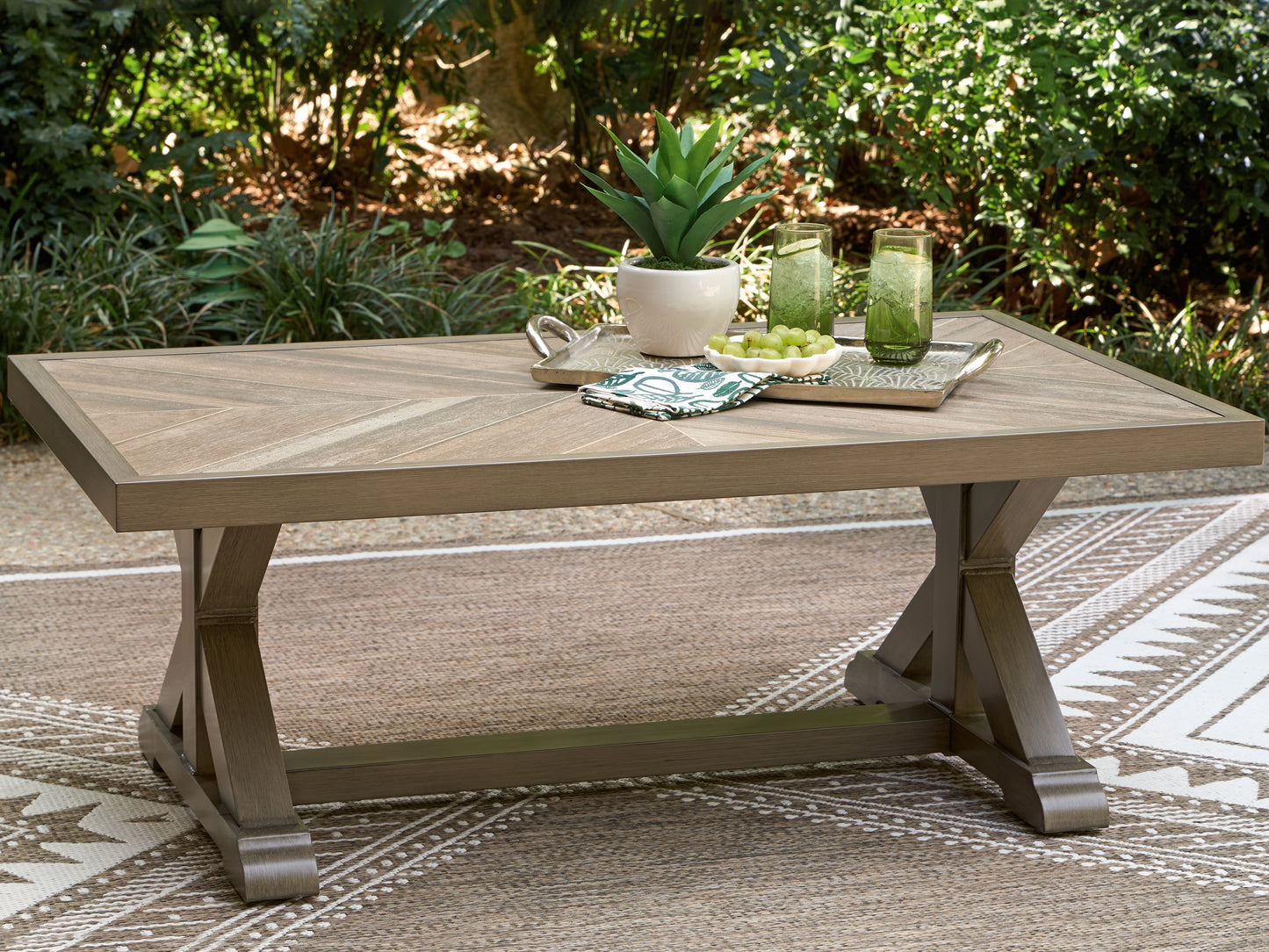 Pines Furniture Outlet - Ashley Furniture - Laguna Heights Outdoor - Rectangular Cocktail Table / Beige - PCP790-701