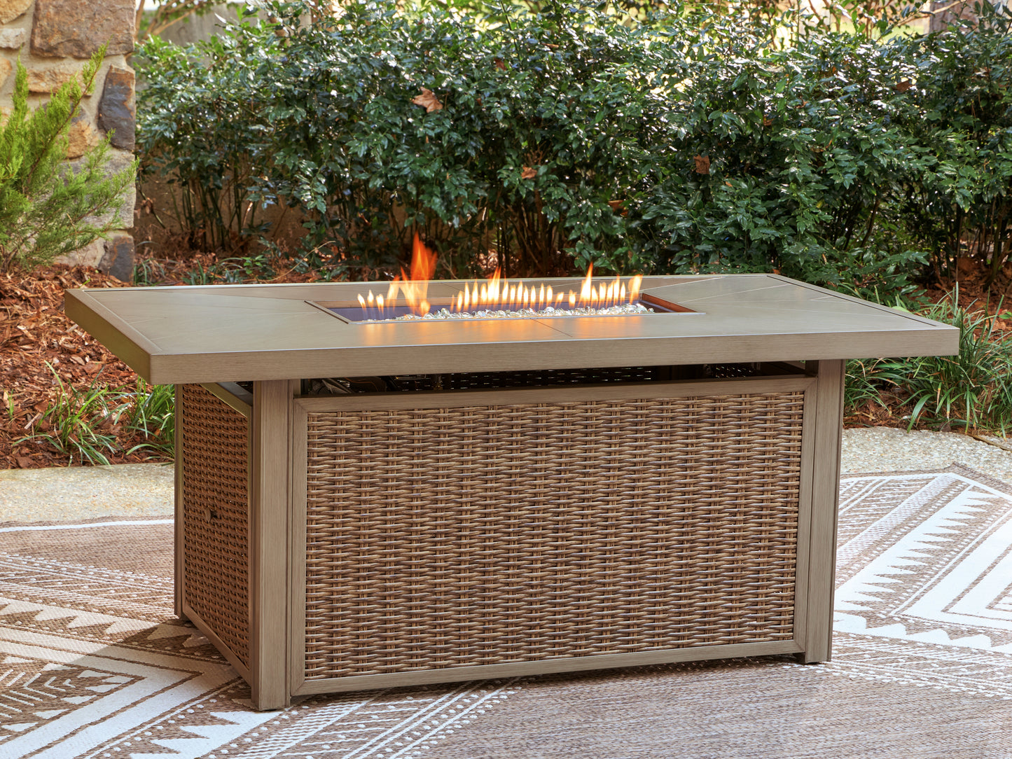 Pines Furniture Outlet - Ashley Furniture - Laguna Heights Outdoor - Rectangular Fire Pit Table / Beige - PCP790-773
