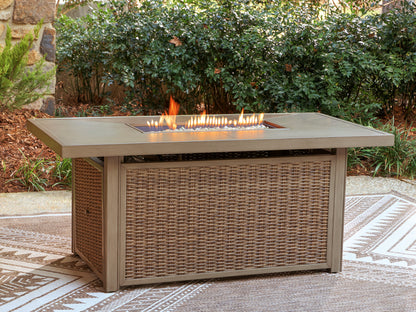 Pines Furniture Outlet - Ashley Furniture - Laguna Heights Outdoor - Rectangular Fire Pit Table / Beige - PCP790-773