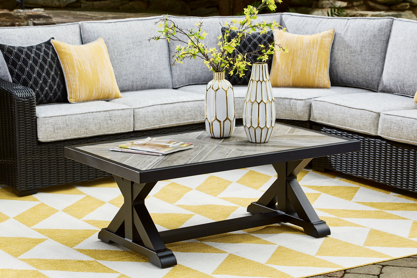Pines Furniture Outlet - Ashley Furniture - Beachcroft Outdoor - Rectangular Cocktail Table / Black/Light Gray - P792-701