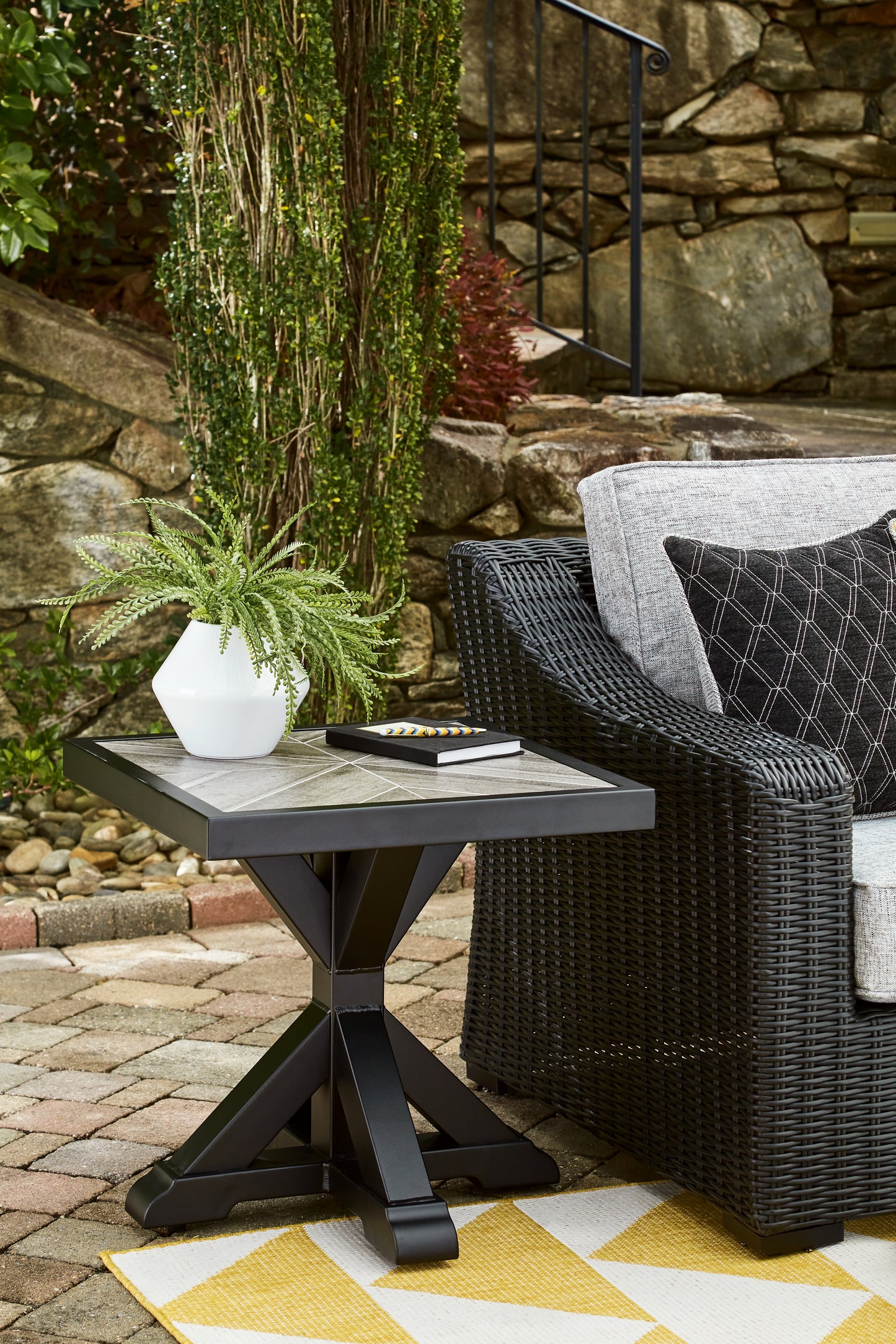 Pines Furniture Outlet - Ashley Furniture - Beachcroft Outdoor - Square End Table / Black/Light Gray - P792-702