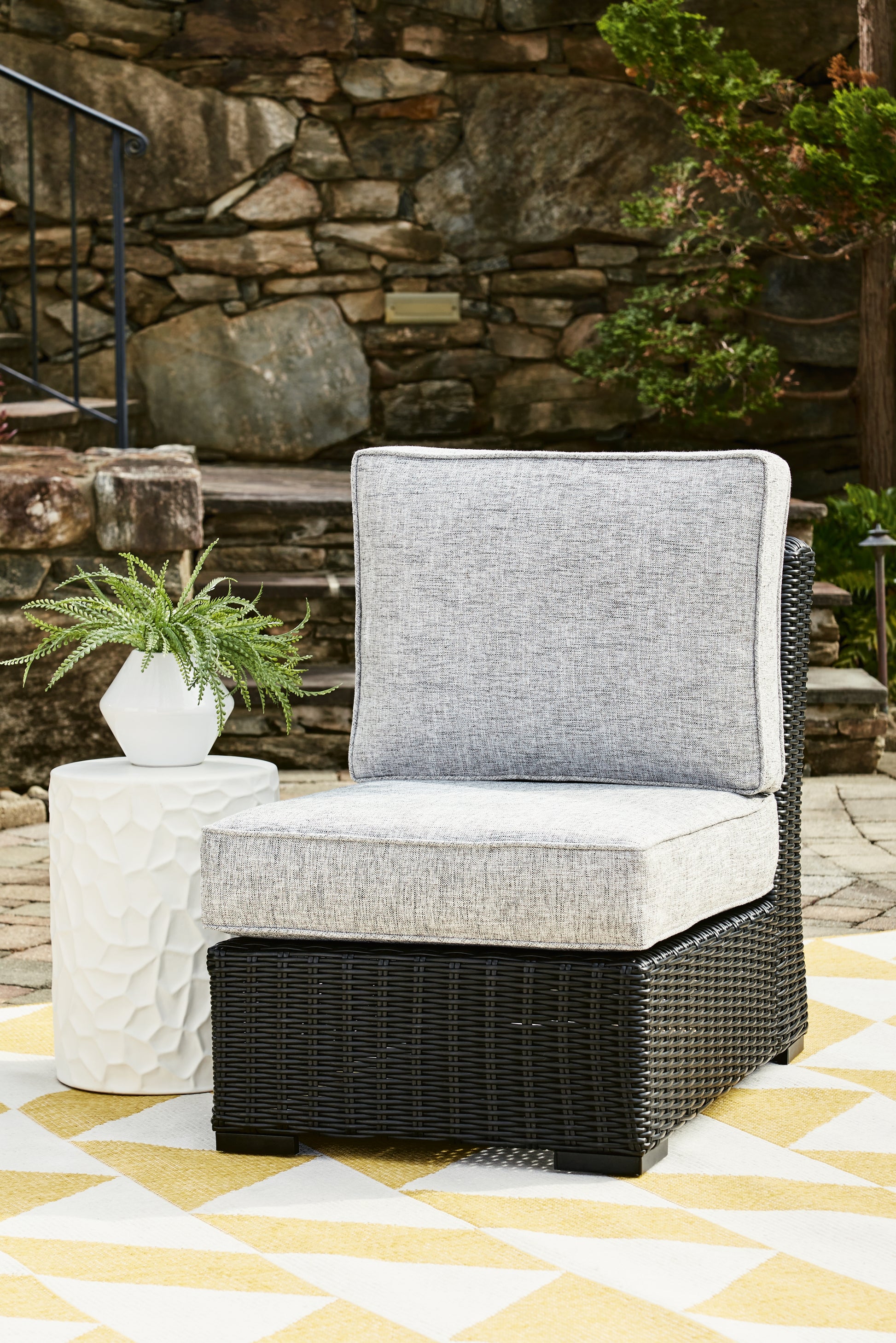 Pines Furniture Outlet - Ashley Furniture - Beachcroft Outdoor - Armless Chair w/Cushion / Black/Light Gray - P792-846