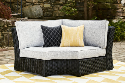 Pines Furniture Outlet - Ashley Furniture - Beachcroft Outdoor - Curved Corner Chair w/Cushion / Black/Light Gray - P792-851