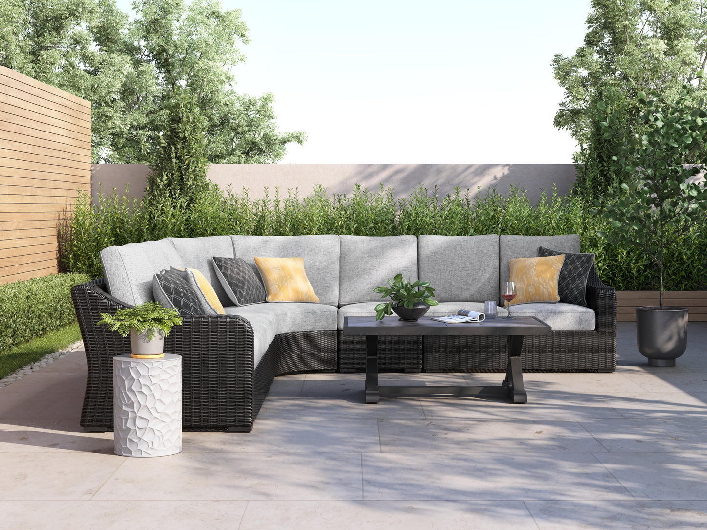 Pines Furniture Outlet - Ashley Furniture - Beachcroft Outdoor - 5-Piece Outdoor Sectional / Black/Light Gray - P792P6