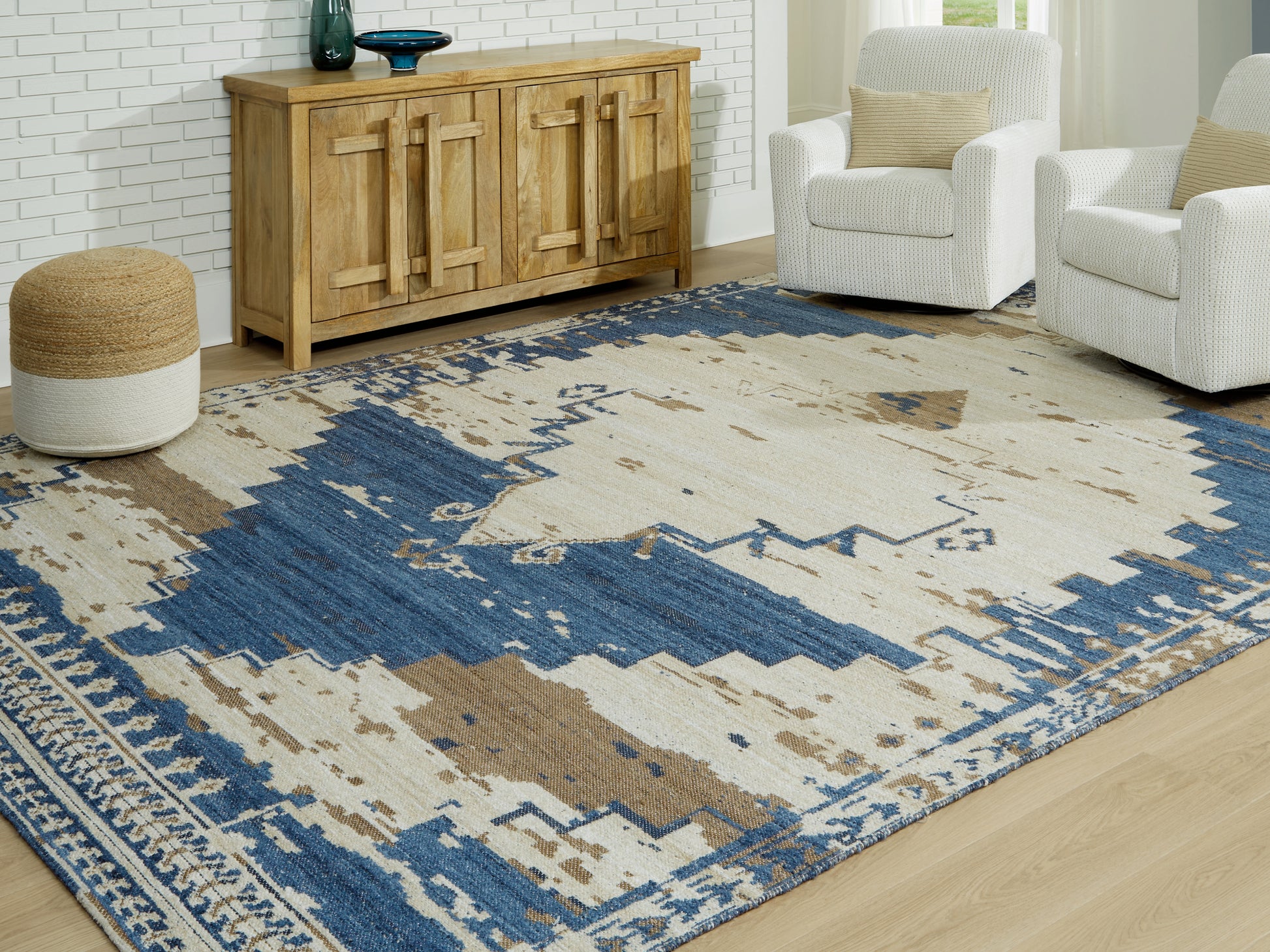 Pines Furniture Outlet - Ashley Furniture - Varnler Rug - 8' x 10' Rug / Blue/Brown/Tan - R407131