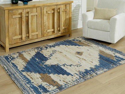 Pines Furniture Outlet - Ashley Furniture - Varnler Rug - 5' x 7' Rug / Blue/Brown/Tan - R407132