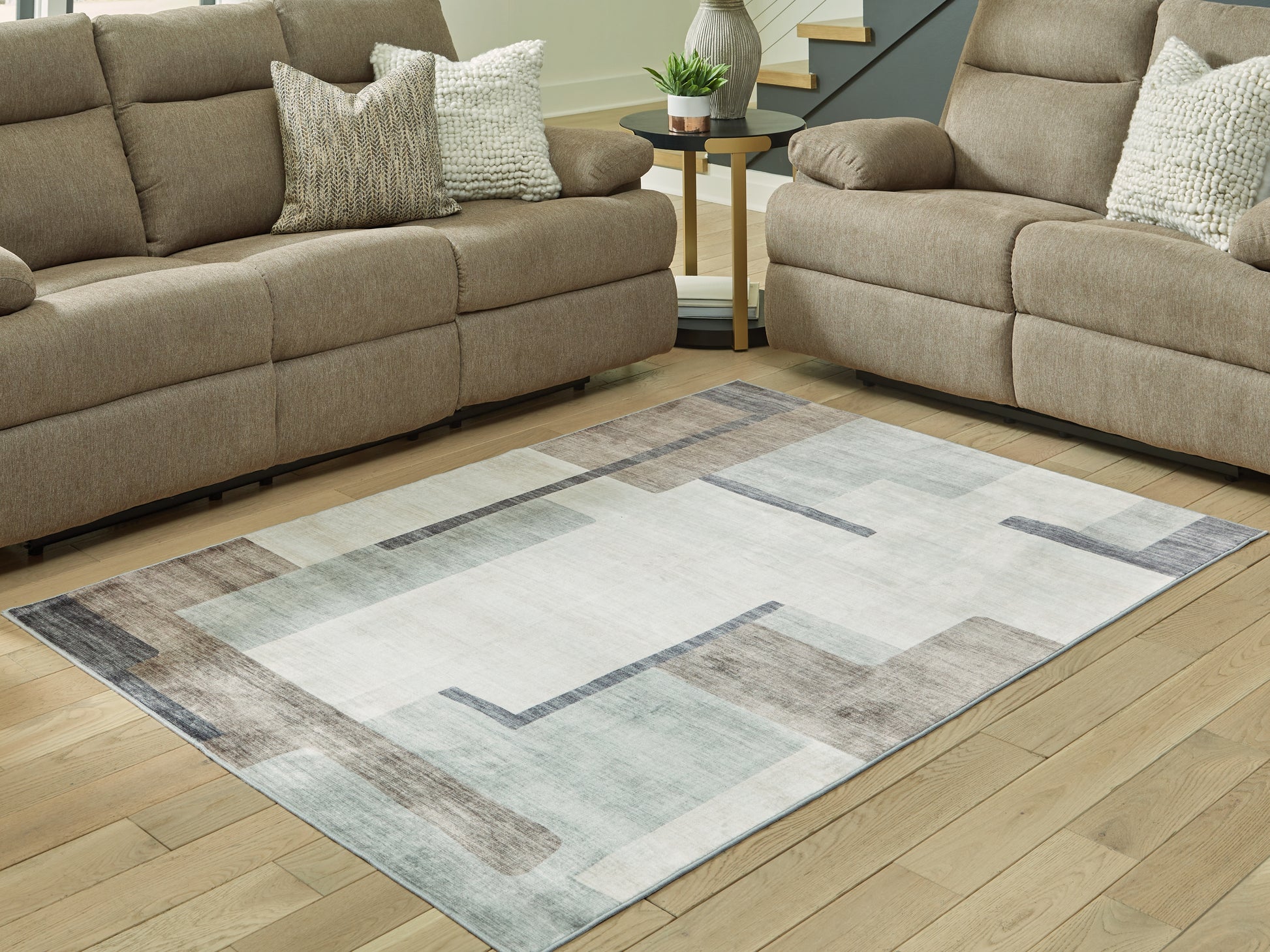 Pines Furniture Outlet - Ashley Furniture - Larkport Rug - Washable 5' x 7' Area Rug / Cream/Brown/Gray - R407412