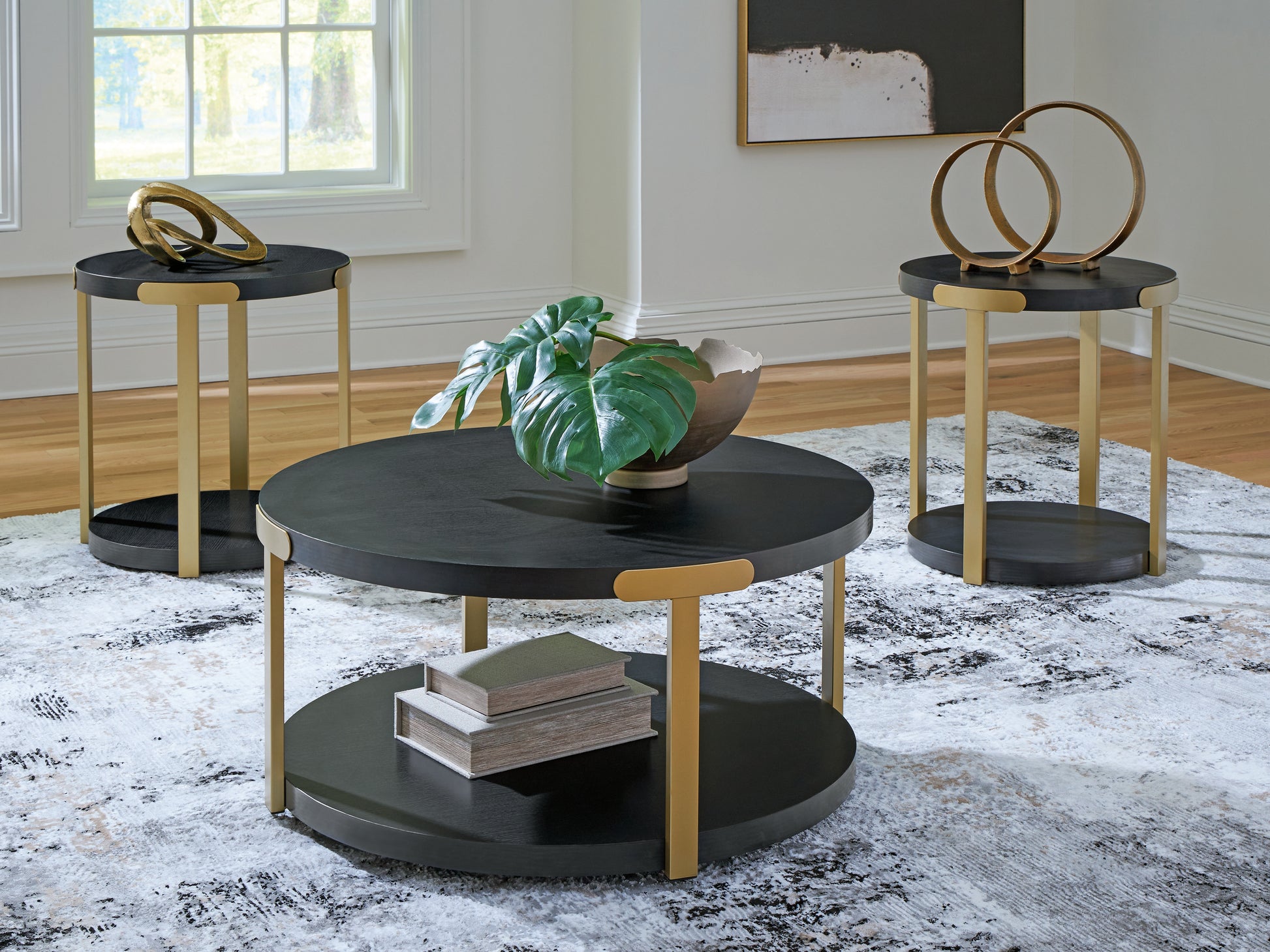 Pines Furniture Outlet - Ashley Furniture - Shylore Table (Set of 3) - Occasional Table Set (3/CN) / Black/Brass Finish - T410-13