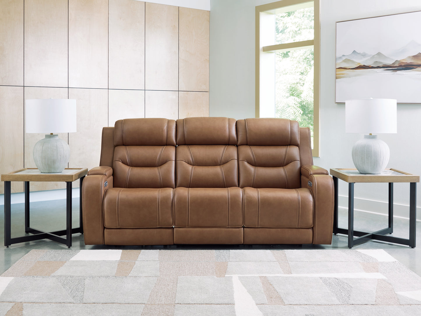 Pines Furniture Outlet - Ashley Furniture - Knightington Living Room - PWR REC Sofa w/Audio Seating / Caramel - PCU1160015A