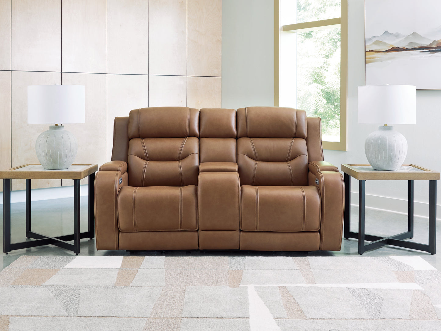 Pines Furniture Outlet - Ashley Furniture - Knightington Living Room - PWR REC Love w/Audio Seating / Caramel - PCU1160018A
