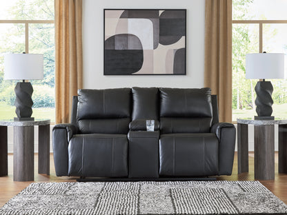 Pines Furniture Outlet - Ashley Furniture - Glossmore Living Room - DBL Rec Loveseat w/Console / Black - PCU1170094