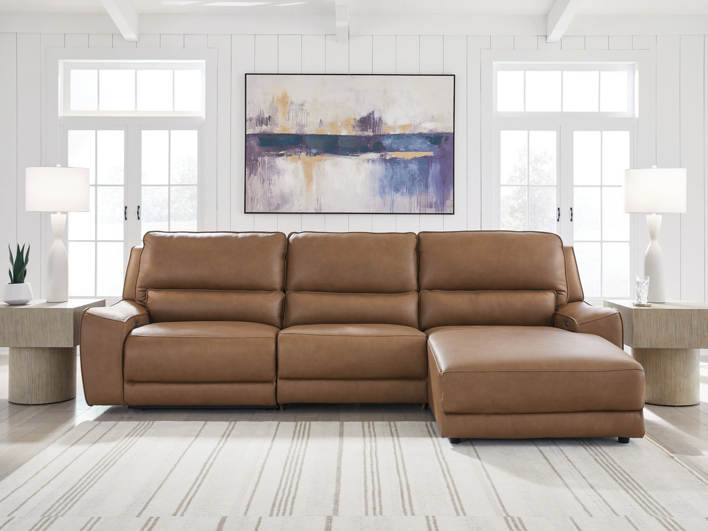 Pines Furniture Outlet - Ashley Furniture - DeepWakes Sectional - 3-Piece Reclining Sofa Chaise / Caramel - PCU62606S22