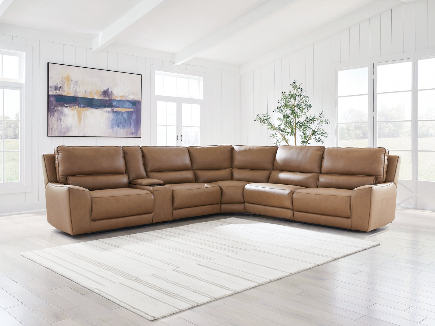 Pines Furniture Outlet - Ashley Furniture - DeepWakes Sectional - 6-Piece Reclining Sectional with Storage Console / Caramel - PCU62606S36