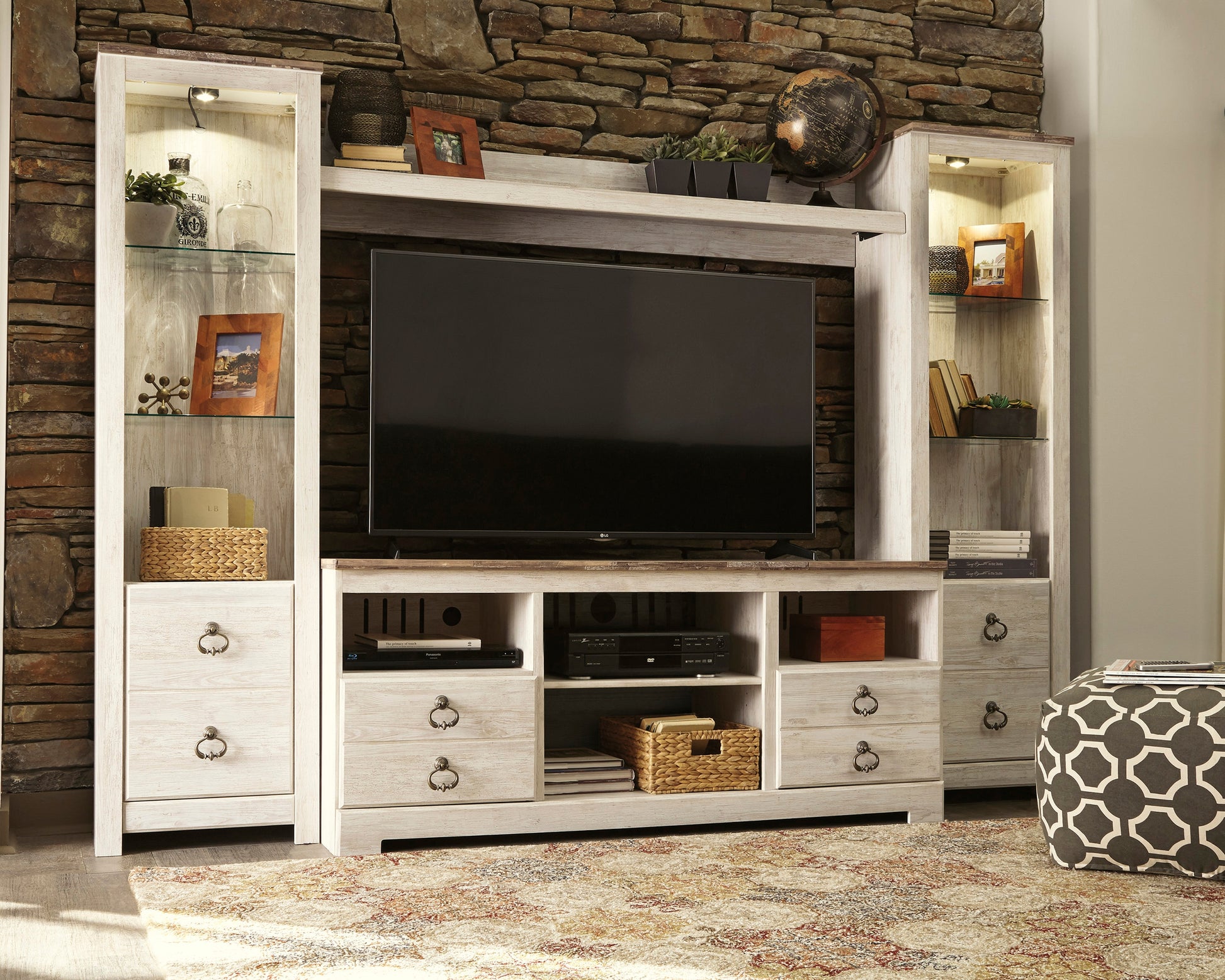 Pines Furniture Outlet - Ashley Furniture - Willowton Entertainment Center - 4-Piece Entertainment Center / Whitewash - W267W3