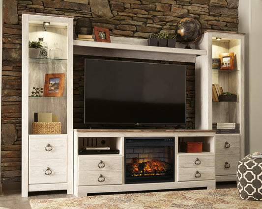 Pines Furniture Outlet - Ashley Furniture - Willowton 4-Piece Entertainment Center with Electric Fireplace - 4-Piece Entertainment Center with Electric Fireplace / Whitewash - W267W9