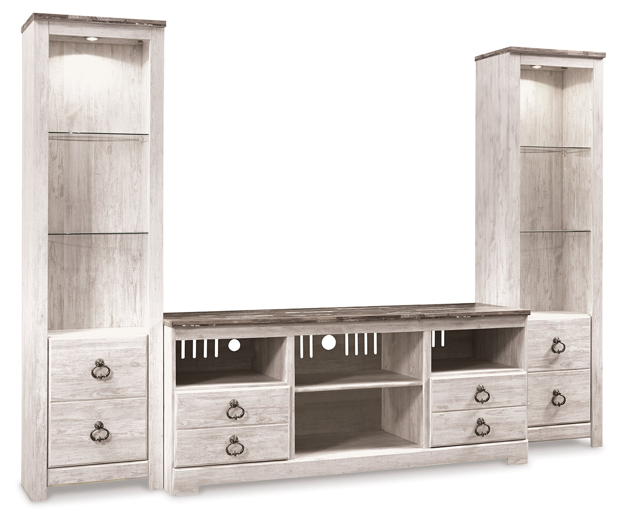 Pines Furniture Outlet - Ashley Furniture - Willowton 3-Piece Entertainment Center - 3-Piece Entertainment Center / Whitewash - W267W16