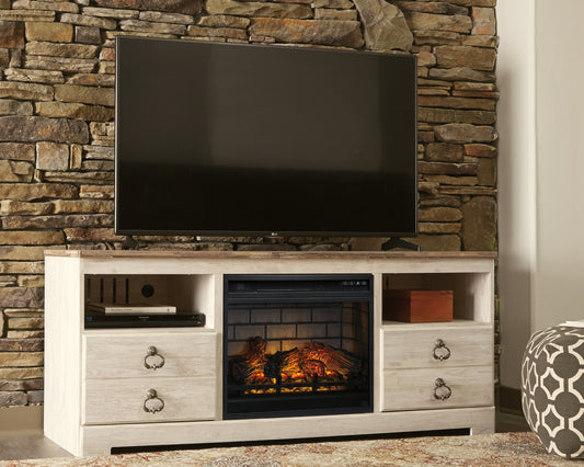 Pines Furniture Outlet - Ashley Furniture - Willowton 64" TV Stand with Electric Fireplace - 64" TV Stand with Electric Fireplace / Whitewash - W267W8