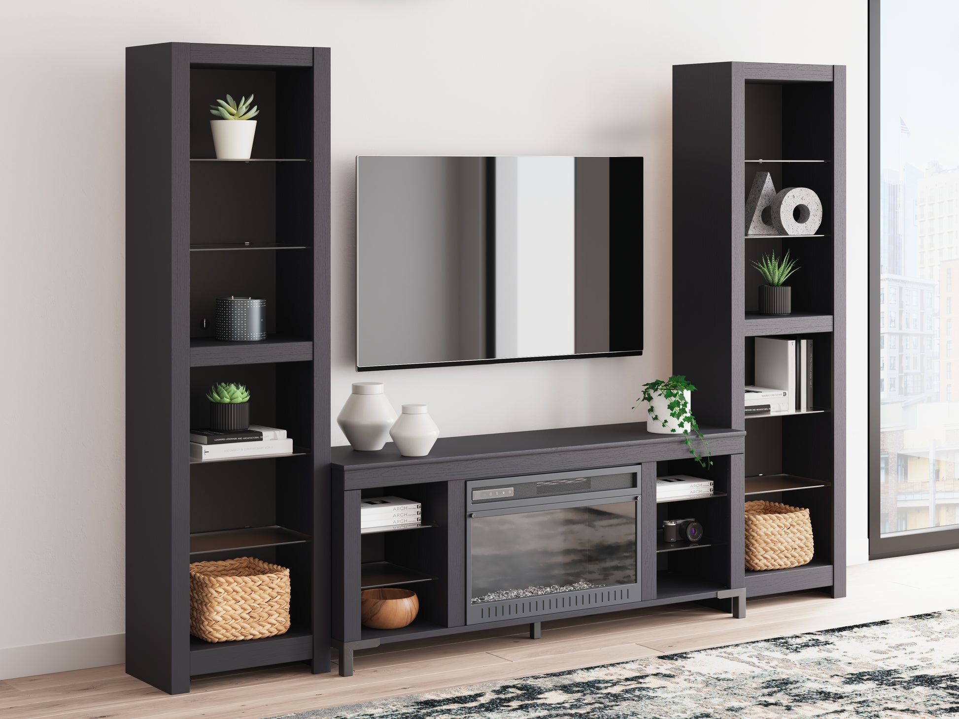Pines Furniture Outlet - Ashley Furniture - Cayberry 3-Piece Entertainment Center with Electric Fireplace - 3-Piece Entertainment Center with Electric Fireplace / Black - W2721W2