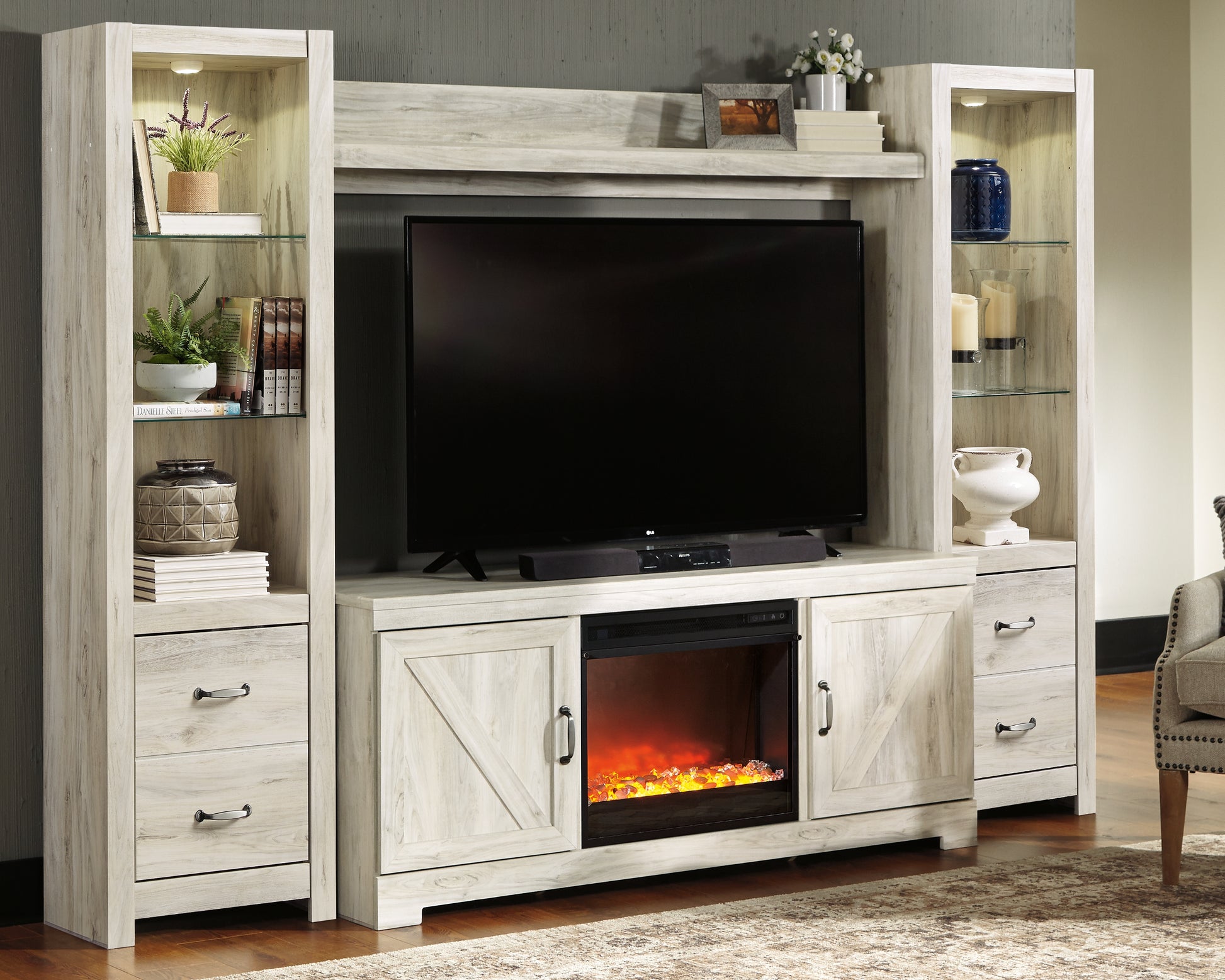 Pines Furniture Outlet - Ashley Furniture - Bellaby 4-Piece Entertainment Center with Fireplace - 4-Piece Entertainment Center with Fireplace / Whitewash - W331W5