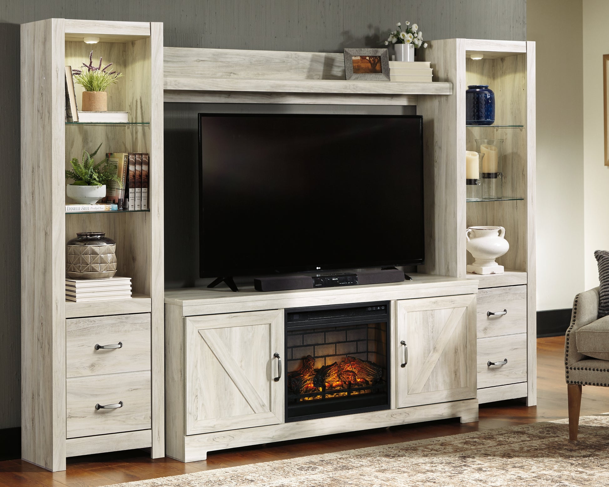 Pines Furniture Outlet - Ashley Furniture - Bellaby 4-Piece Entertainment Center with Electric Fireplace - 4-Piece Entertainment Center with Electric Fireplace / Whitewash - W331W8