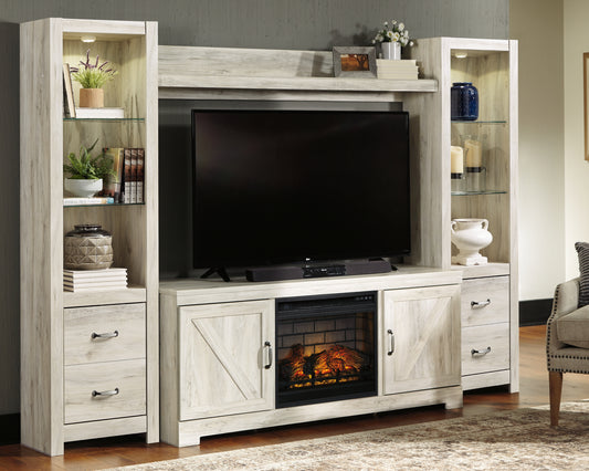 Pines Furniture Outlet - Ashley Furniture - Bellaby 4-Piece Entertainment Center with Electric Fireplace - 4-Piece Entertainment Center with Electric Fireplace / Whitewash - W331W8
