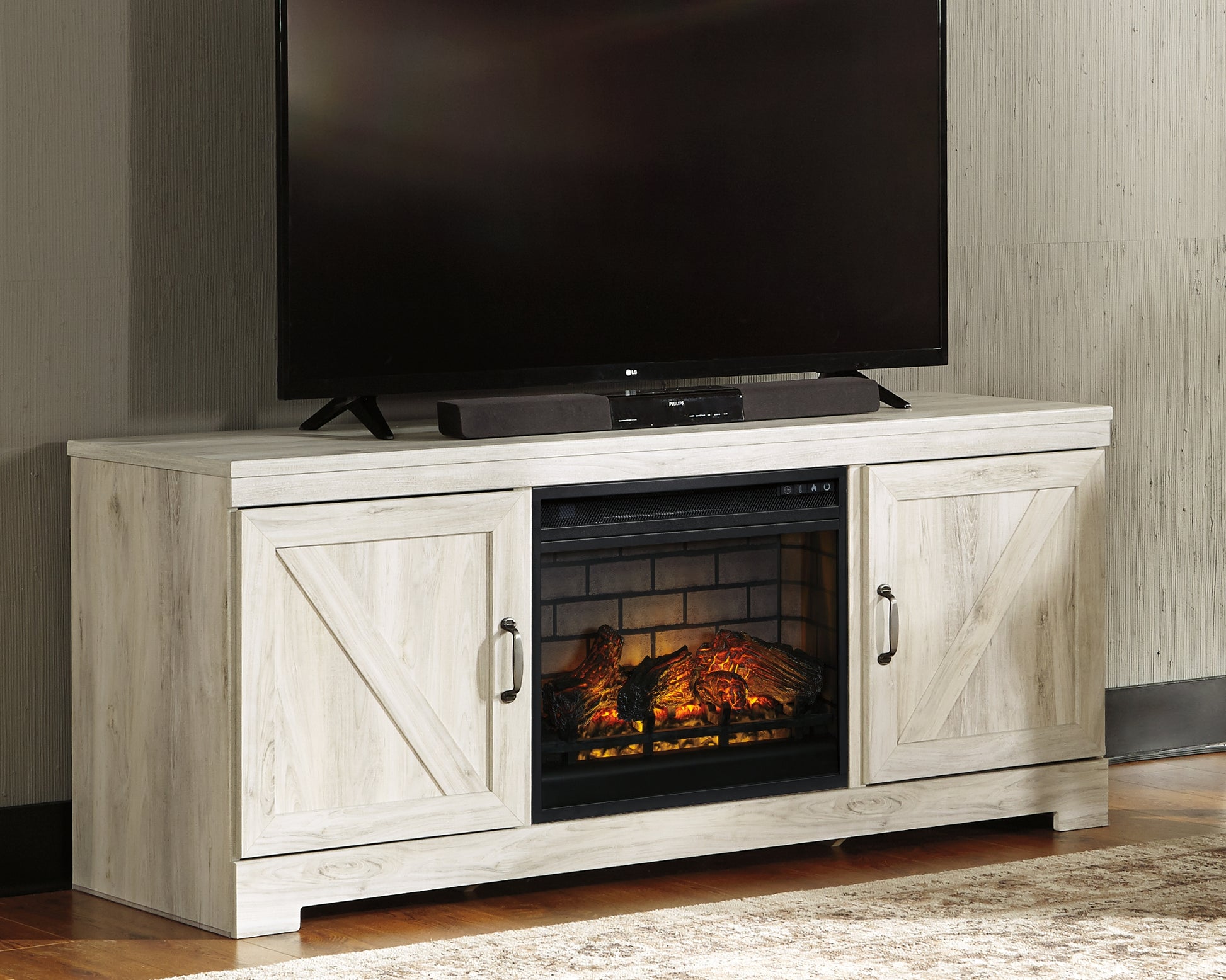 Pines Furniture Outlet - Ashley Furniture - Bellaby 63" TV Stand with Electric Fireplace - 63" TV Stand with Electric Fireplace / Whitewash - W331W9