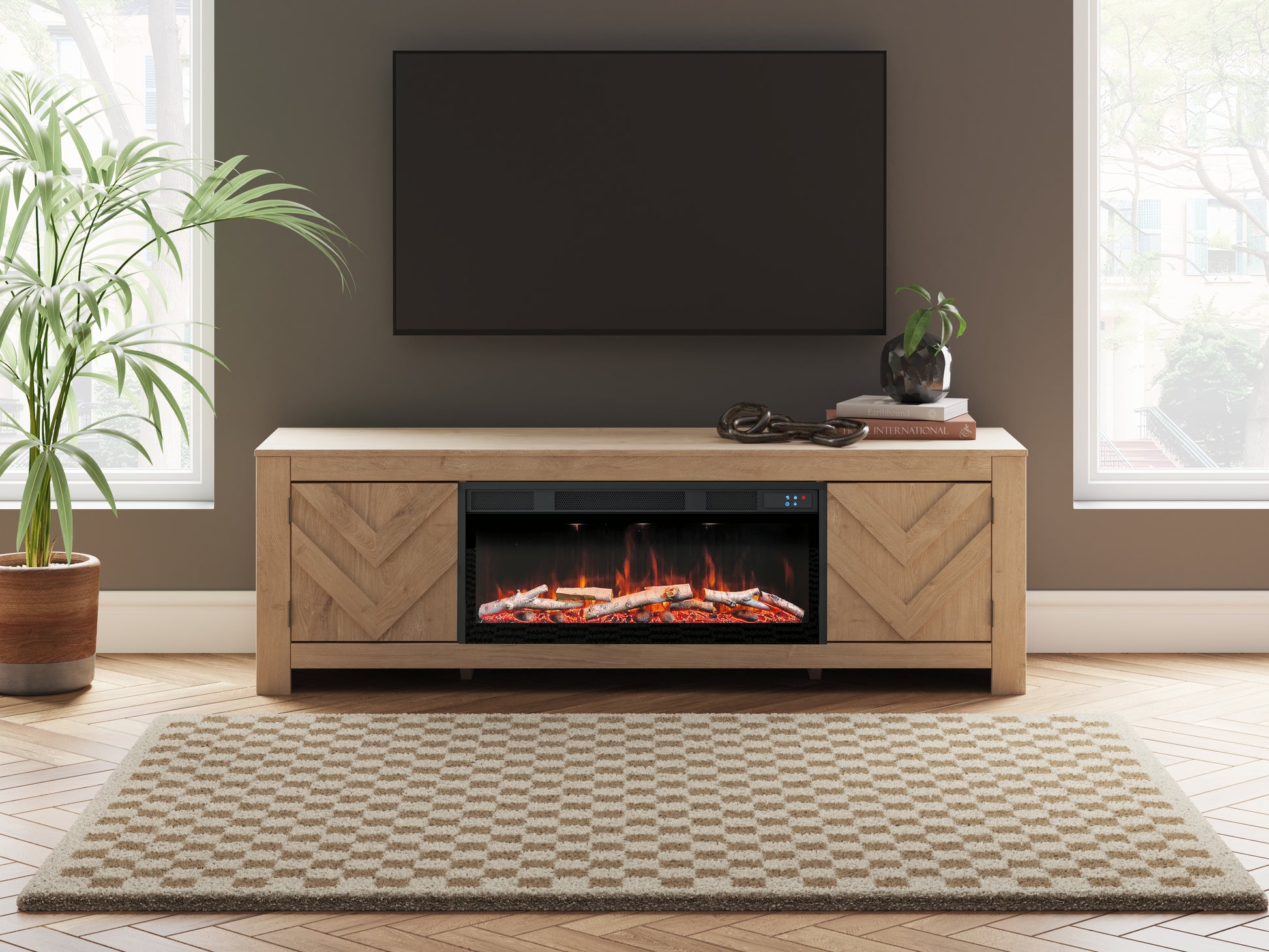 Pines Furniture Outlet - Ashley Furniture - Cayboni 71" TV Stand with Electric Fireplace - 71" TV Stand with Electric Fireplace / Tan - W3787W1