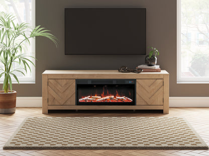 Pines Furniture Outlet - Ashley Furniture - Cayboni 71" TV Stand with Electric Fireplace - 71" TV Stand with Electric Fireplace / Tan - W3787W1