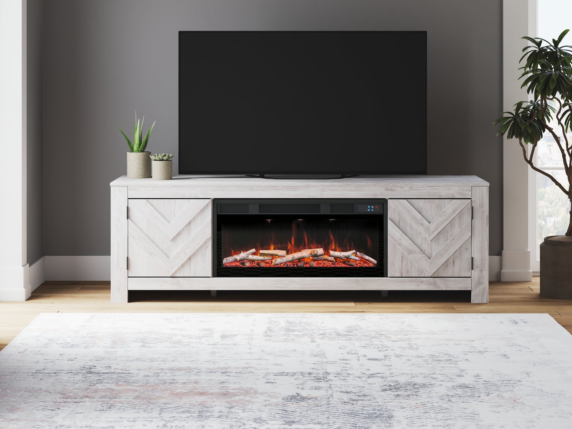 Pines Furniture Outlet - Ashley Furniture - Cayboni 71" TV Stand with Electric Fireplace - 71" TV Stand with Electric Fireplace / Whitewash - W3788W1