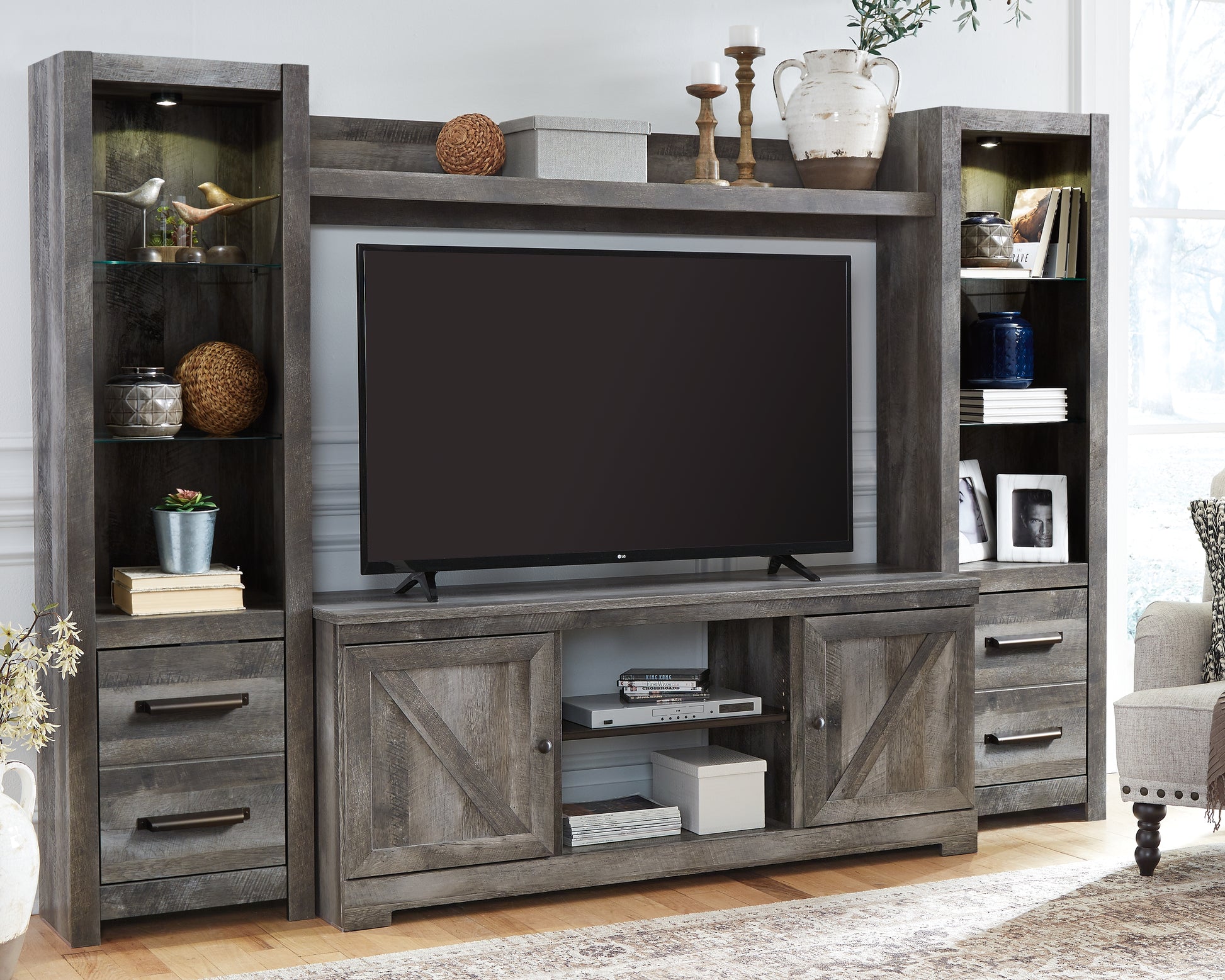 Pines Furniture Outlet - Ashley Furniture - Wynnlow Entertainment Center - 4-Piece Entertainment Center / Gray - W440W2