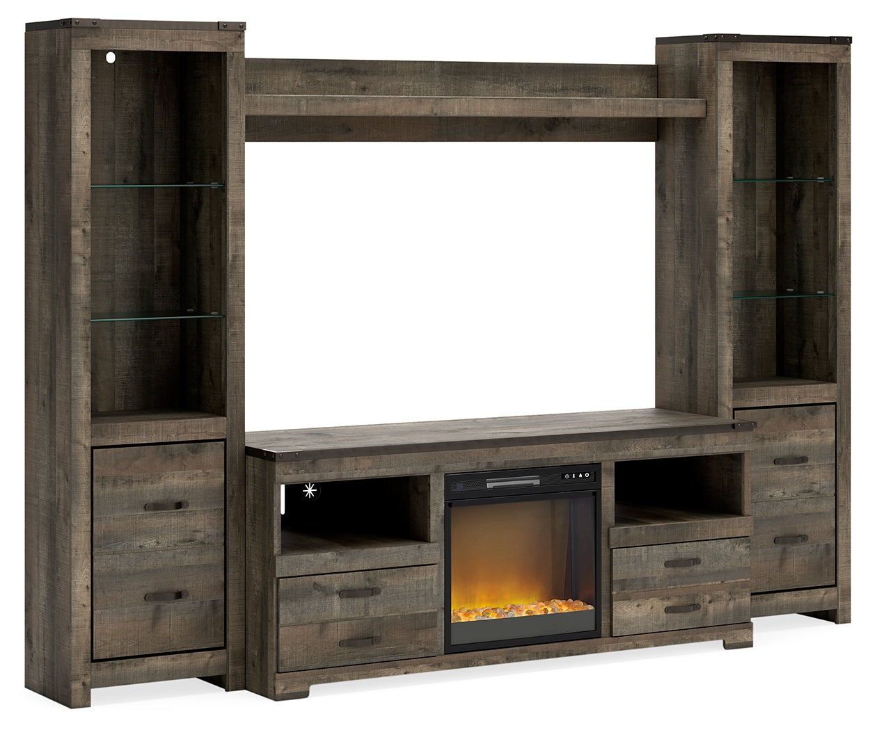 Pines Furniture Outlet - Ashley Furniture - Trinell 4-Piece Entertainment Center with Electric Fireplace - 4-Piece Entertainment Center with Electric Fireplace / Brown - W446W10