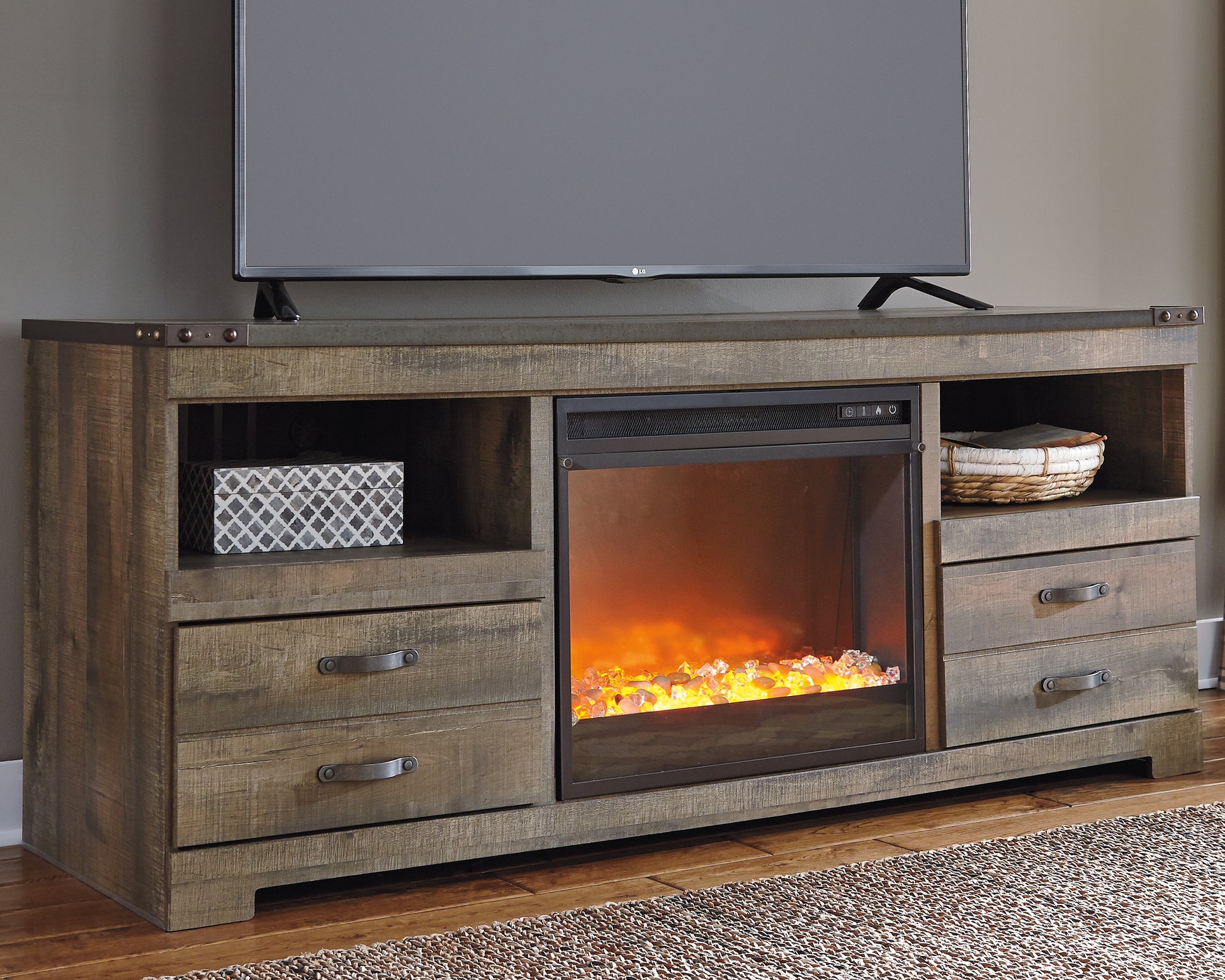 Pines Furniture Outlet - Ashley Furniture - Trinell 63" TV Stand with Electric Fireplace - 63" TV Stand with Electric Fireplace / Brown - W446W5