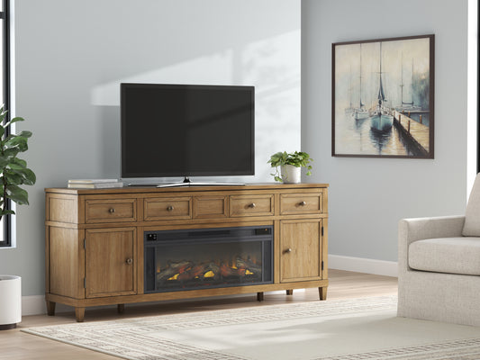 Pines Furniture Outlet - Ashley Furniture - Sharlance 81" TV Stand with Electric Fireplace - 81" TV Stand with Electric Fireplace / Light Brown - W655W1