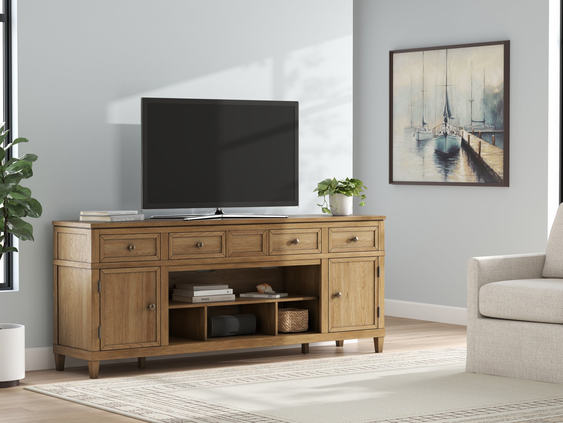 Pines Furniture Outlet - Ashley Furniture - Sharlance 81" TV Stand - 81" / Light Brown - W655-68